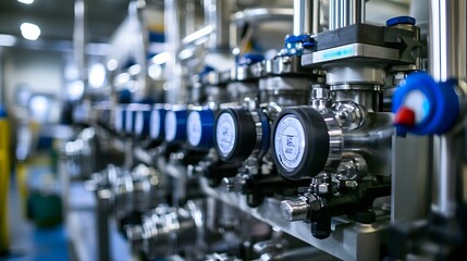 Fototapeta premium A large industrial plant with a large piece of machinery in the middle. The machinery is surrounded by pipes and valves. Scene is industrial and mechanical