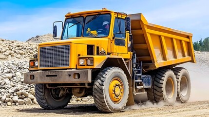 Obraz premium Heavy-duty Mining Trucks Moving Through Vast Open-Pit Extraction Site with Dust Clouds