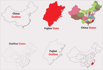 Fujian map vector of China, Fujian line map, Fujian with city map, Fujian outline map