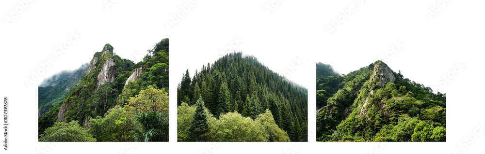 Aufkleber Three vertical images showing a mountainous forest scene with a cloudy sky.