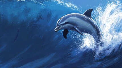 Naklejka premium A dolphin leaps out of the blue ocean waves.