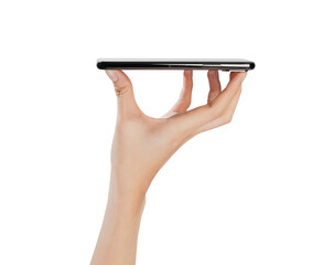 Hand holding the black smartphone with mockup of blank screen on isolated white background.