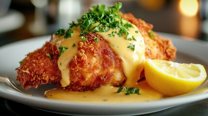 Crispy Chicken Cordon Bleu with Lemon Garnish