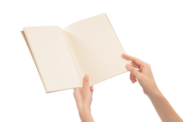 hands holding blank book ready on background.