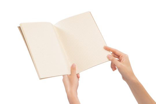 hands holding blank book ready on background.