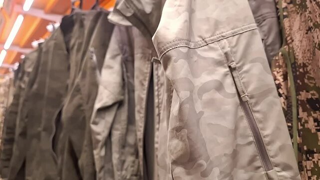 Assorted camouflage jackets in military surplus store