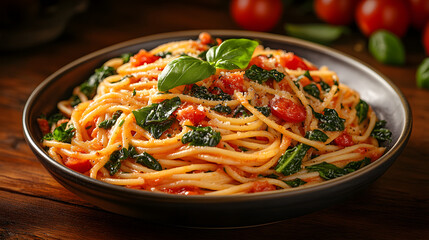 Stylish Serving of Mouthwatering Tomato Basil Ricotta Pasta with Adorned Spinach and Fresh Basil