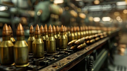Detailed view of artillery grenade assembly on an ammunition production line in a factory