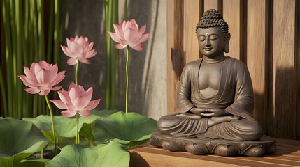 Serene Meditating Buddha Surrounded by Glowing Lotus Flowers Radiating Spiritual Energy