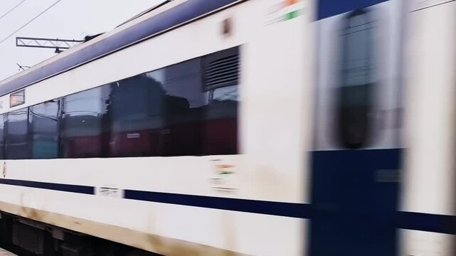 20 Janurary 2024 Pryagraj Uttar Pradesh. Fastest tain of INDIA Vande Bharat Express crossing railway stations.