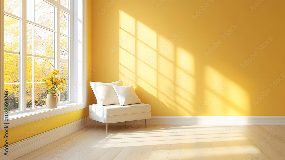 Poster yellow virtual empty room background backdrop banner image with window for online presentations and 
