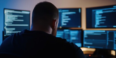Obraz premium A man is seated in a dimly lit room facing several computer screens filled with code, suggesting cybersecurity or programming activities taking place.