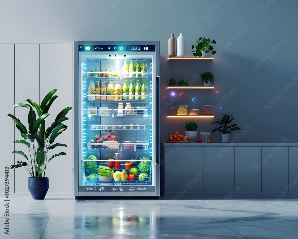 Poster smart refrigerator automatically ordering groceries for interconnected home convenience