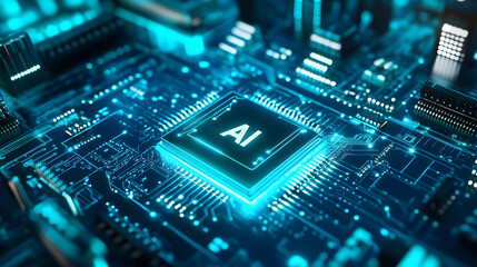 Technology banner background. blue green tech background. abstract futuristic circute illustration, AI chip or semiconductor in center, concept for furete tech, ai and KI