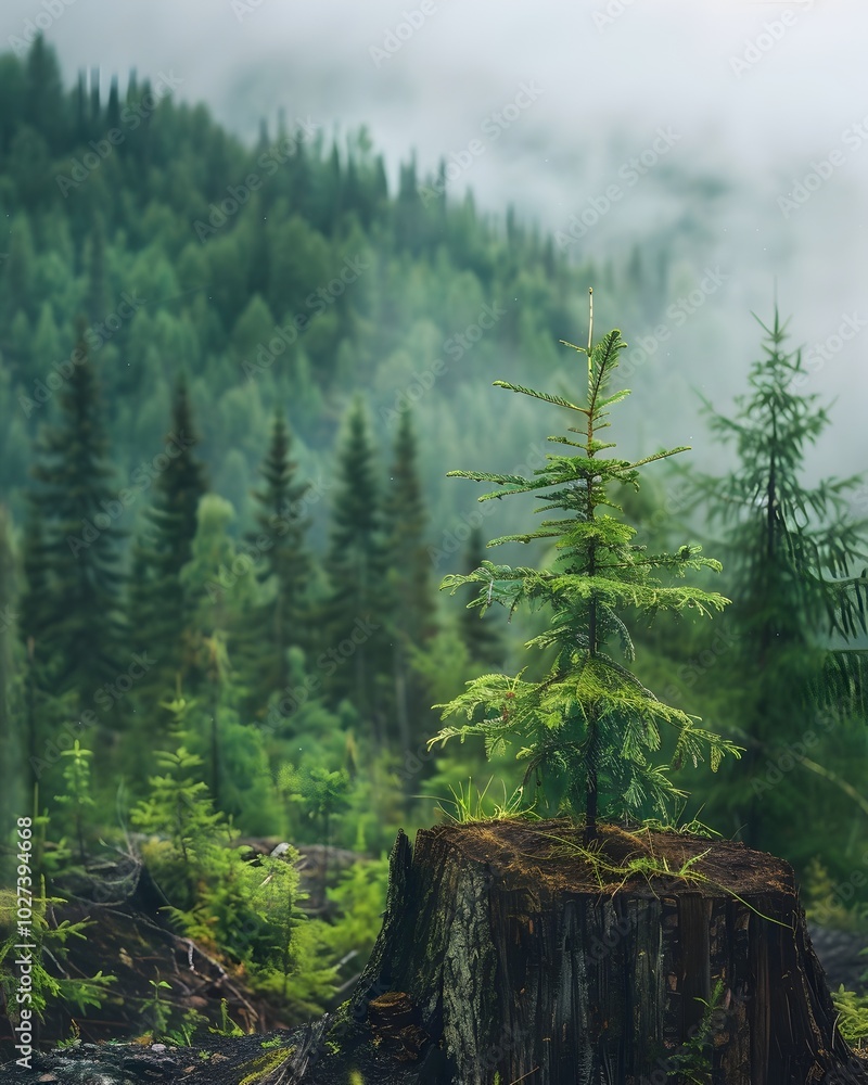 Poster misty forest landscape with regrowth on logging scars symbolizing ecosystem