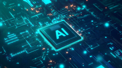 Technology banner background. blue green tech background. abstract futuristic circute illustration, AI chip or semiconductor in center, concept for furete tech, ai and KI