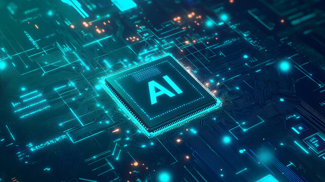 Technology banner background. blue green tech background. abstract futuristic circute illustration, AI chip or semiconductor in center, concept for furete tech, ai and KI