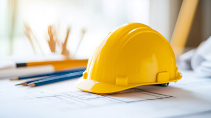 A close-up of a yellow construction helmet resting on a blueprint, with pencils and architectural tools scattered on the table. The detailed drawing highlights the design process i