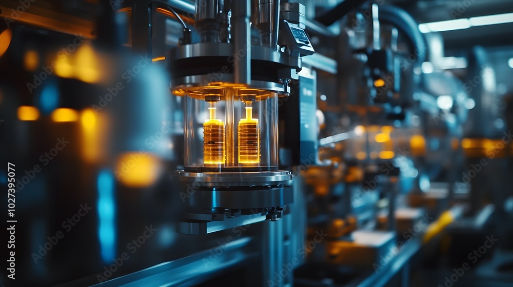 Poster a large machine with a yellow and silver exterior is on display in a factory. the machine is surroun