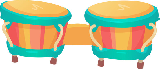 A playful pair of hand drums featuring bright colors and intricate patterns sits prominently. The drums invite engagement and evoke a joyful musical atmosphere.