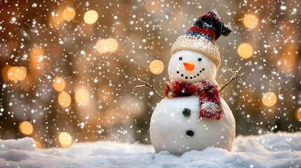 Fototapeta premium Closed-Up Shot of A Happy Snowman, Snowman with hat and carrot, Winter season or christmas holiday background