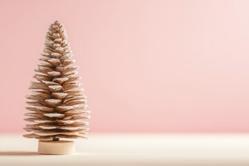 A small pine cone tree crafted from natural materials is displayed on a wooden surface, set against a pastel pink backdrop