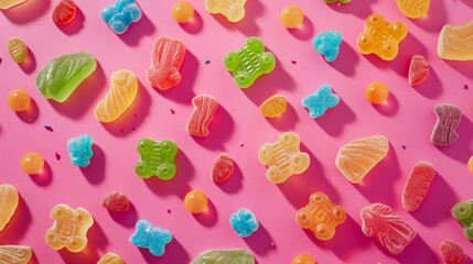 Vibrant display of colorful chewy jelly candies on a brightly colored background