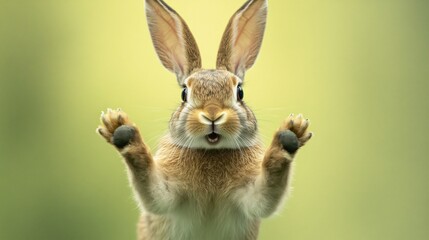Fototapeta premium A fluffy brown bunny rabbit with big ears and bright eyes sits on a green background and raises both paws as if to wave hello.