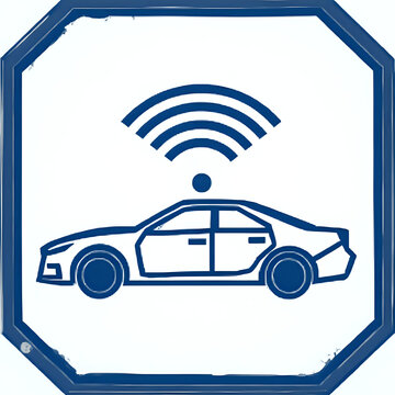 pentagon sign with autonomous vehicle icon - a futuristic pentagon-shaped sign with a sleek line-drawn autonomous vehicle icon