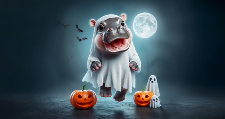 Cute Hippopotamus in Halloween ghost costume. Halloween Concept.