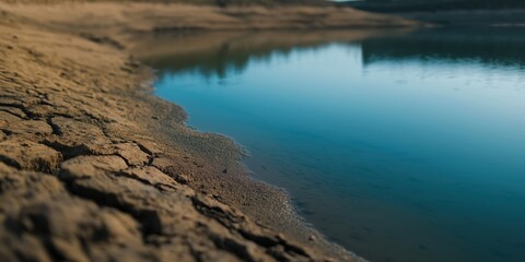 A drought-stricken landscape with dry, cracked earth bordering a body of water, symbolizing environmental stress and the fragility of natural ecosystems under climate change.