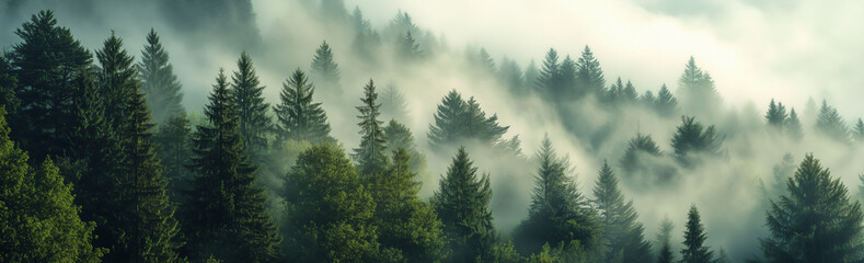 A panoramic view of an evergreen forest shrouded in mist, with the trees towering above and forming intricate patterns against the backdrop of grey clouds.