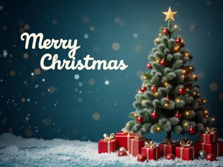 A beautifully decorated Christmas tree with lights and presents creating a festive atmosphere on a snowy background