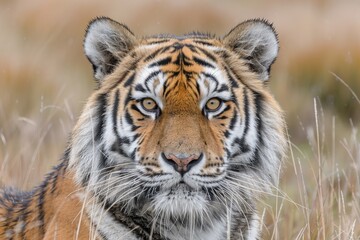Fototapeta premium Majestic tiger gazes intensely while standing in tall grass during golden hour in a serene natural habitat