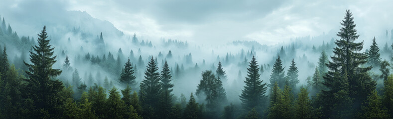 Fototapeta premium A panoramic view of an evergreen forest shrouded in mist, with the trees towering above and forming intricate patterns against the backdrop of grey clouds.