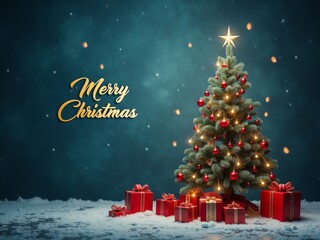 Festively decorated Christmas tree with presents illuminated by soft lights in a snowy winter setting