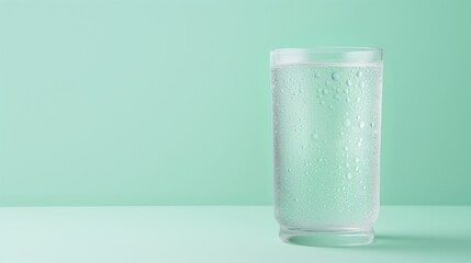 Refreshing glass of chilled water with condensation on mint green background