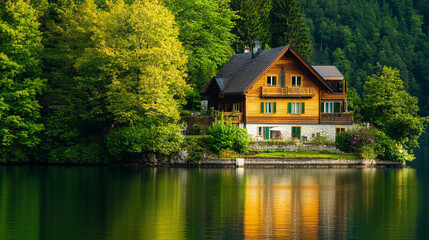 Obraz premium Wooden House by a Tranquil Lake Surrounded by Dense Forest 