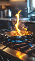Vibrant image of a shiny frying pan on a gas stove with dancing flames showcasing culinary artistry