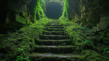A stone staircase leading up to a dark tunnel in a mossy cave.
