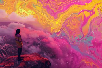 Obraz premium A person gazes at a surreal, colorful landscape filled with vibrant swirls above misty mountains during sunset