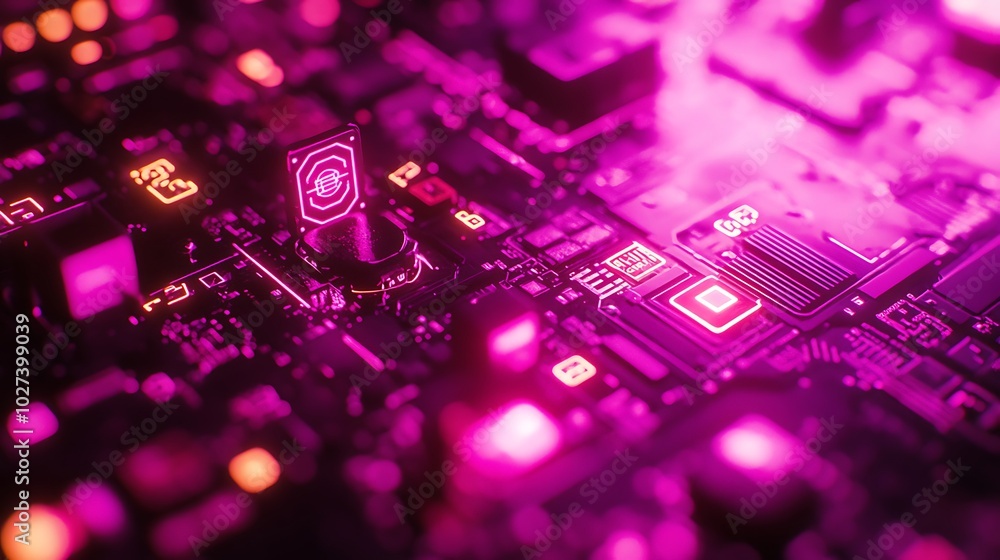 Poster a close-up of a computer chip on a circuit board with glowing pink lights.