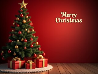A beautifully decorated Christmas tree with presents beneath it and a festive \'Merry Christmas\' greeting on a vibrant red background
