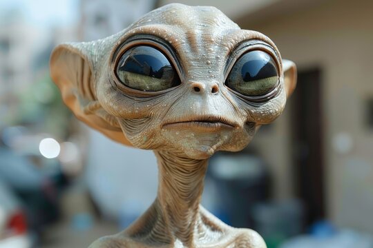 A curious extraterrestrial creature gazes intently while exploring a suburban neighborhood on a sunny afternoon