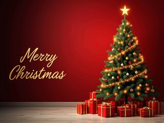 Festively decorated Christmas tree with colorful ornaments and presents against a vibrant red wall during holiday season