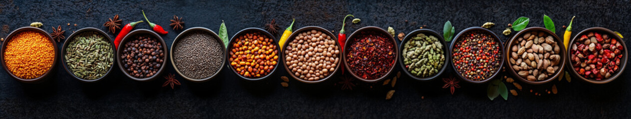 Fototapeta premium A colorful array of spices and herbs arranged in small bowls, including cumin powder, turmeric roots, cardamom seeds, star anise seeds, black peppercorns, green leaves, 