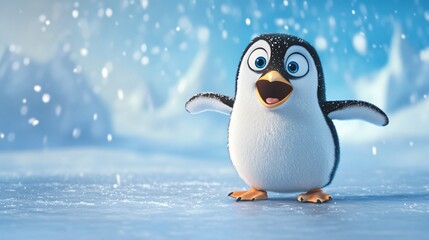 A happy penguin stands in the snow with its wings outstretched.