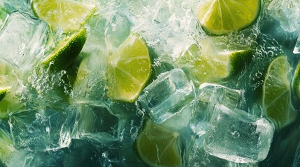 Close-Up of Ice Cubes and Lime Slices
