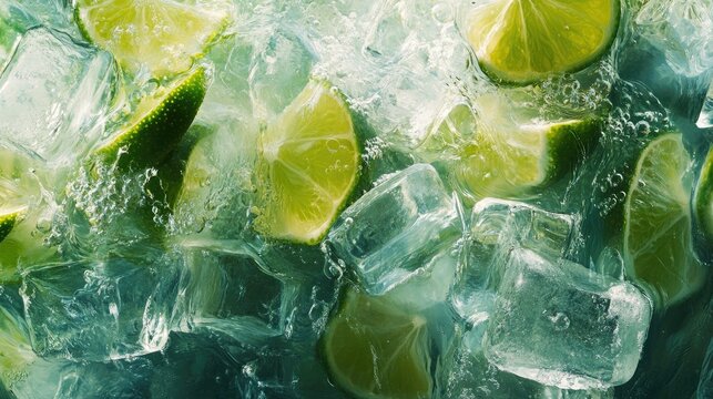 Close-Up of Ice Cubes and Lime Slices