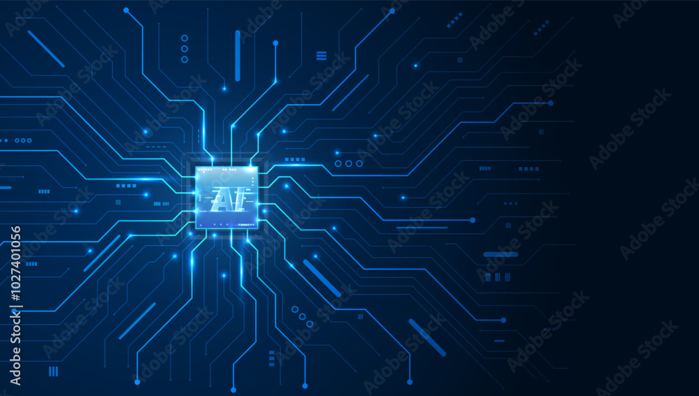 Poster ai chip on glowing circuit board with neon lighting effects, representing cutting-edge technology in